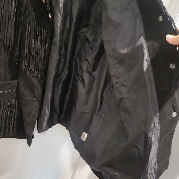 Black Western Suede Leather Fringe Jacket Embroidered Roamans Womens  Sz 18W - Picture 7 of 14